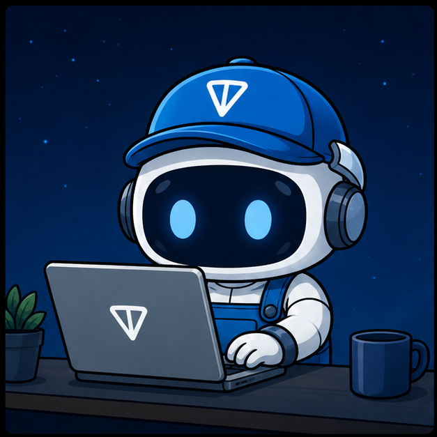 TokReady mascot — a friendly TON robot working on a laptop